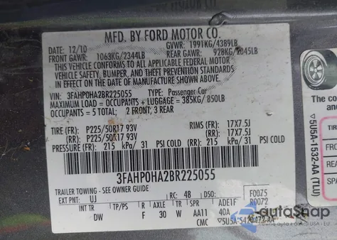 2011 Ford Fusion Se from USA, damaged, VIN 3FAHP0HA2BR225055